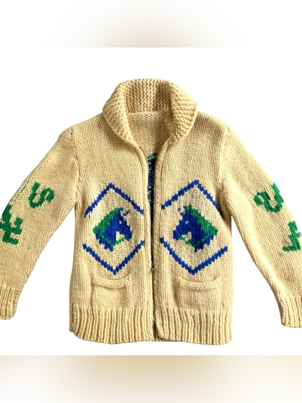 Mary Maxim 1950’s Cowichan sweater wool cream  blue green horse graphic Youth